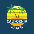 California Beach print with a Palm trees on the island. Summer typography design for T-shirt. Tropical badge or logo. Vector illus Royalty Free Stock Photo